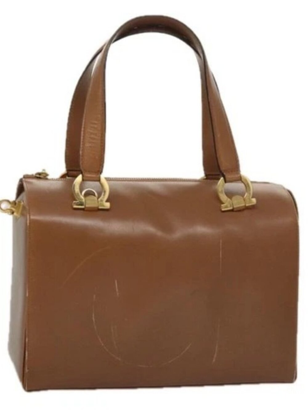 Salvatore Ferragamo Boston Bag Leather Beige Gold Auth ti2472